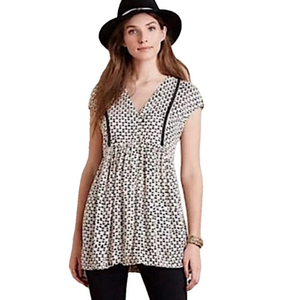 Anthropologie VANESSA VIRGINIA Heart Print Boho Tunic Blouse Pockets Small Top